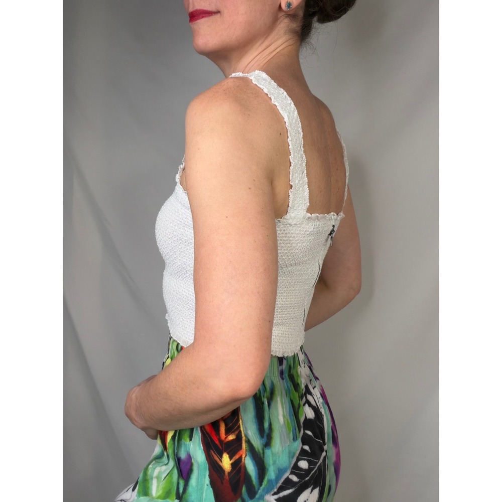 Alice + Olivia White Smocked Cotton Silk Ruffle Crop Top Sleeveless Tank Cami M - Picture 13 of 14